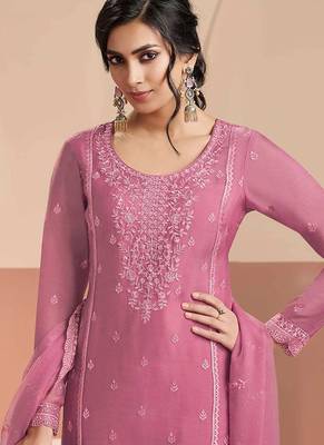 Embroidered pink chiffon readymade salwar kameez 2