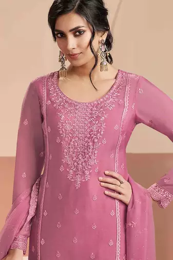 Embroidered pink chiffon readymade salwar kameez