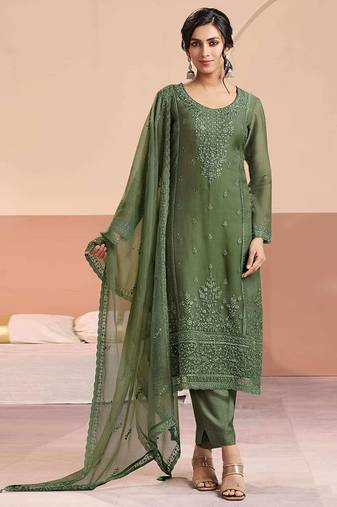 Embroidered mehendi green Faux chiffon readymade salwar kameez