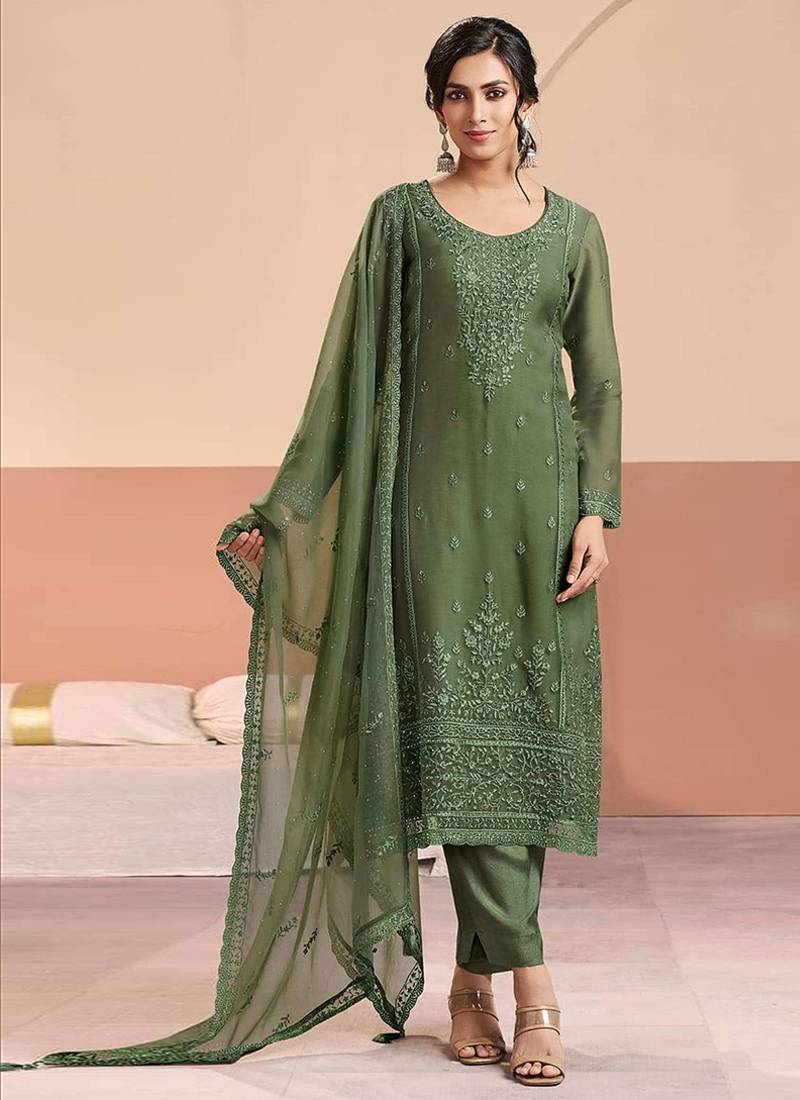 Embroidered mehendi green chiffon readymade salwar kameez