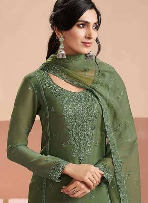 Embroidered mehendi green chiffon readymade salwar kameez 2