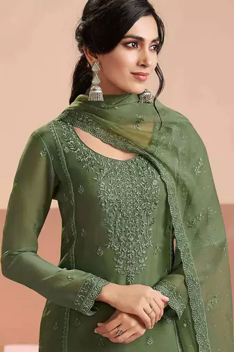 Embroidered mehendi green chiffon readymade salwar kameez