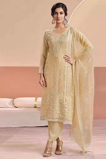 Embroidered cream chiffon readymade salwar kameez