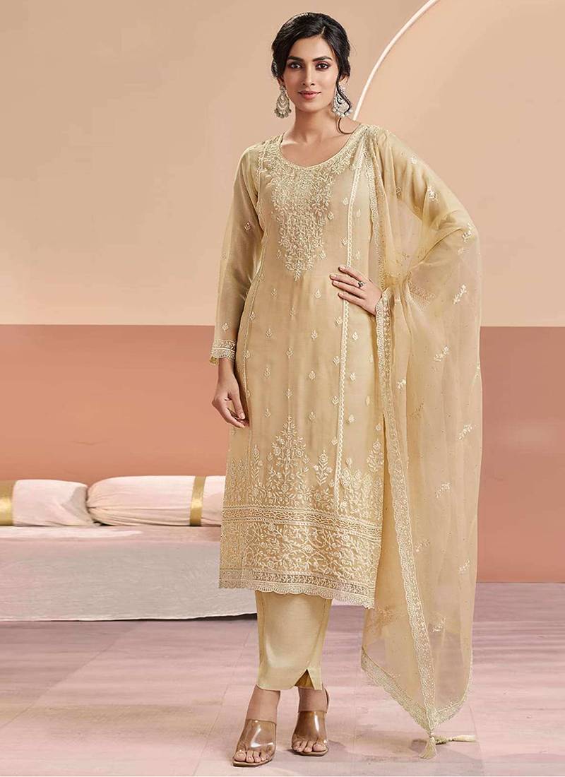 Embroidered cream chiffon readymade salwar kameez