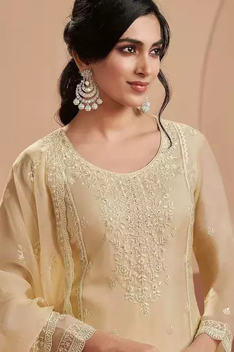 Embroidered cream chiffon readymade salwar kameez