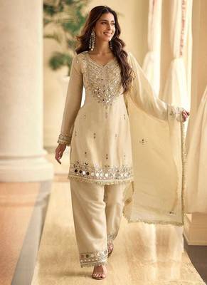 Embroidered cream silk blend readymade salwar kameez 1