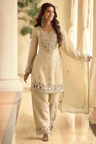 Embroidered cream silk blend readymade salwar kameez