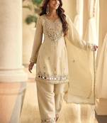 Embroidered cream silk blend readymade salwar kameez