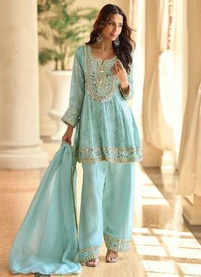 Embroidered light sky blue silk blend readymade salwar kameez 1