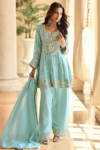 Embroidered light sky blue silk blend readymade salwar kameez