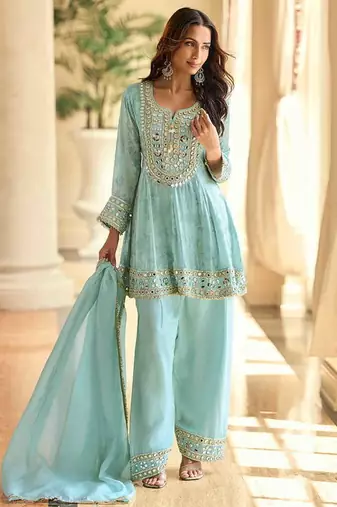 Embroidered light sky blue silk blend readymade salwar kameez
