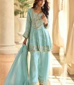 Embroidered light sky blue silk blend readymade salwar kameez