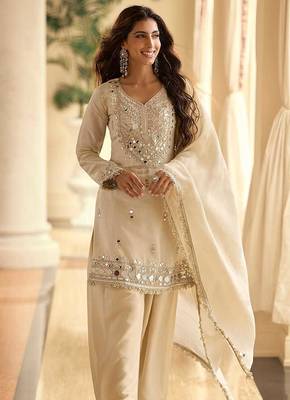 Embroidered cream silk blend readymade salwar kameez 2