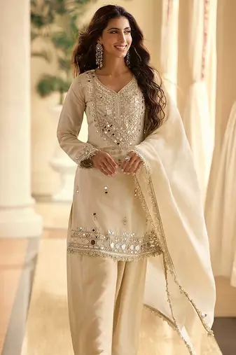 Embroidered cream silk blend readymade salwar kameez