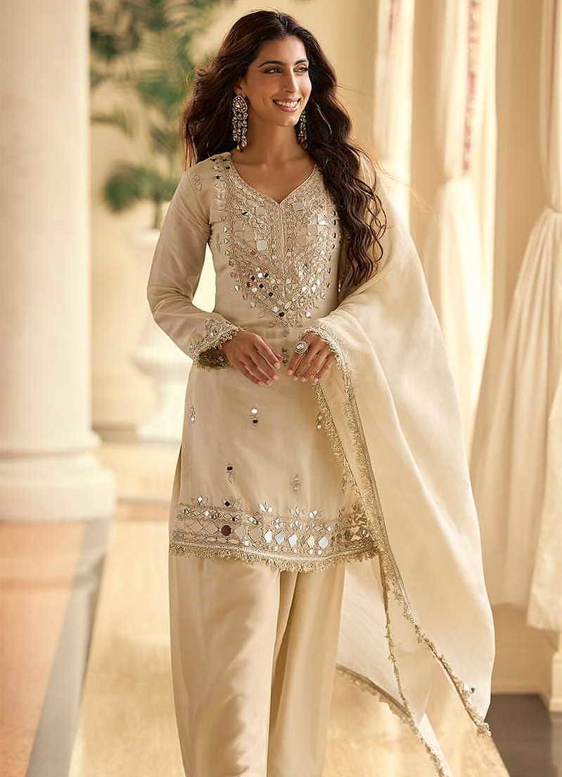 Embroidered cream silk blend readymade salwar kameez