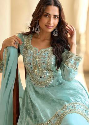 Embroidered light sky blue silk blend readymade salwar kameez 2