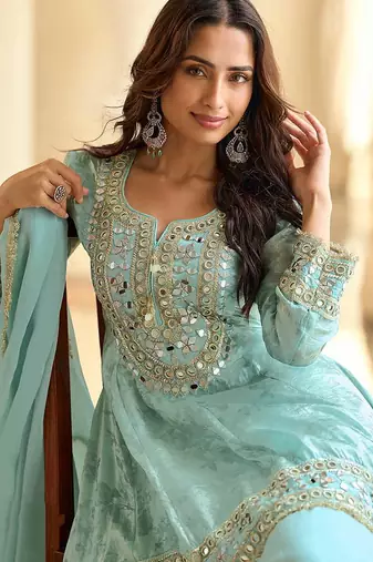 Embroidered light sky blue silk blend readymade salwar kameez
