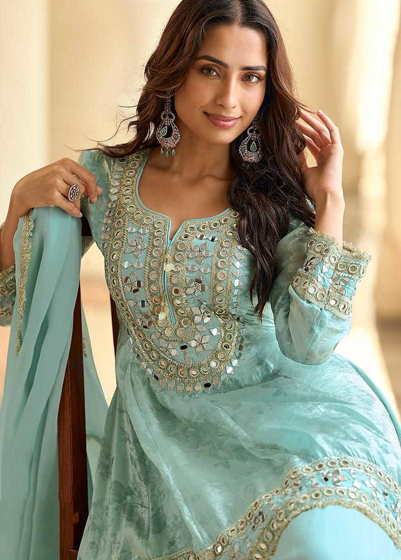 Embroidered light sky blue silk blend readymade salwar kameez