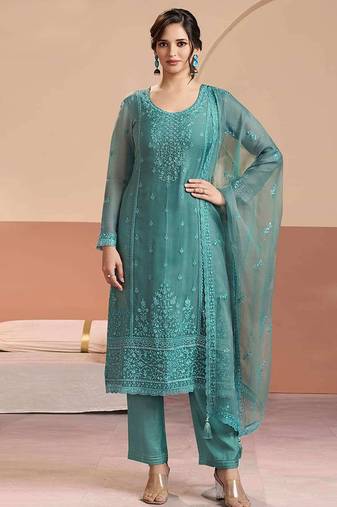Embroidered cyan blue chiffon readymade salwar kameez