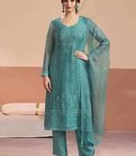 Embroidered cyan blue chiffon readymade salwar kameez