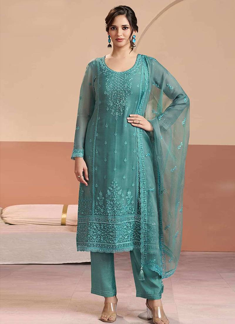 Embroidered cyan blue chiffon readymade salwar kameez