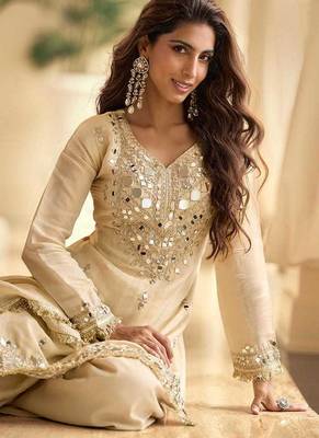 Embroidered cream silk blend readymade salwar kameez 3