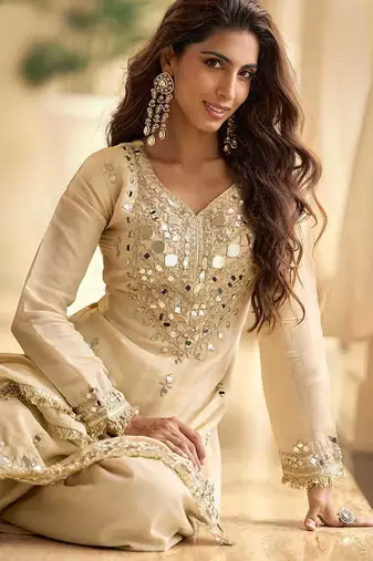 Embroidered cream silk blend readymade salwar kameez