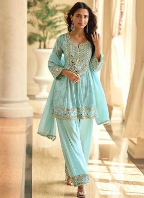 Embroidered light sky blue silk blend readymade salwar kameez 3