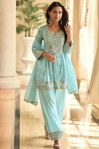 Embroidered light sky blue silk blend readymade salwar kameez