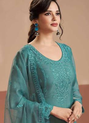 Embroidered cyan blue chiffon readymade salwar kameez 2