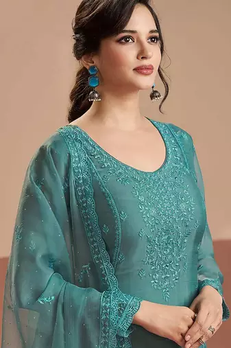 Embroidered cyan blue chiffon readymade salwar kameez