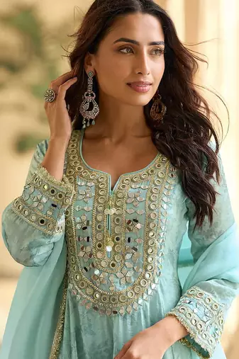 Embroidered light sky blue silk blend readymade salwar kameez