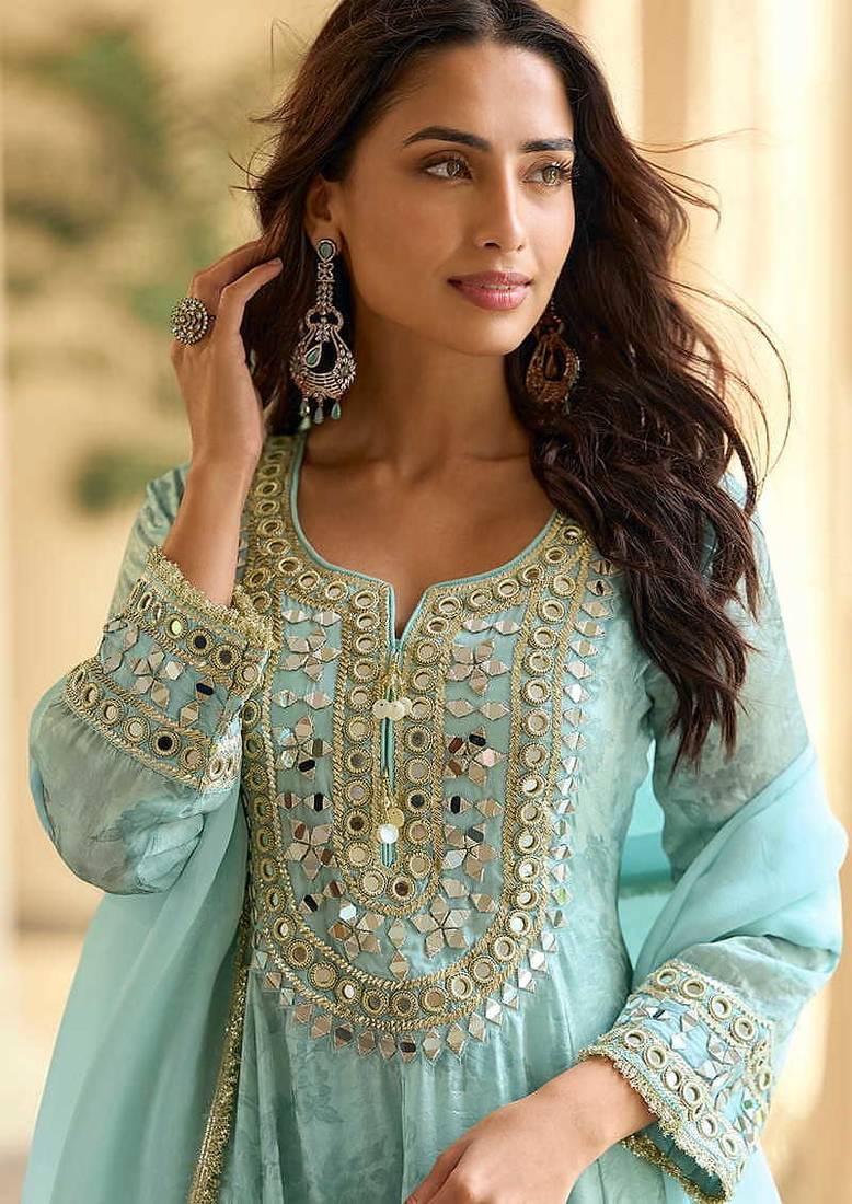 Embroidered light sky blue silk blend readymade salwar kameez