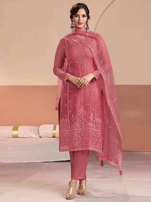 Embroidered rose pink chiffon readymade salwar kameez 1