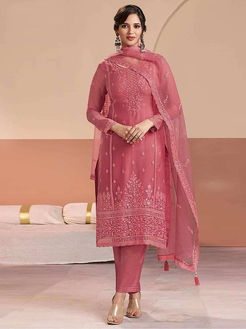 Embroidered rose pink chiffon readymade salwar kameez