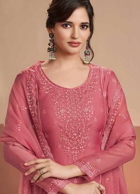 Embroidered rose pink chiffon readymade salwar kameez 2