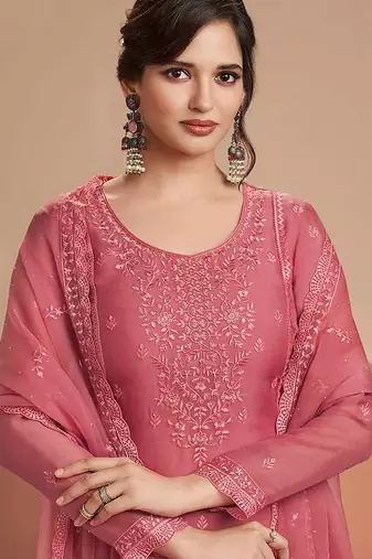 Embroidered rose pink chiffon readymade salwar kameez