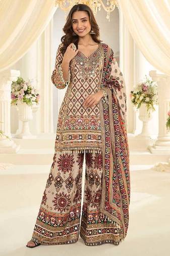 Off white crepe silk readymade suit with aari & digital print work