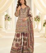 Off white crepe silk readymade suit with aari & digital print work
