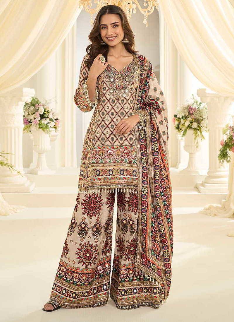 Off white crepe silk readymade suit with aari & digital print work