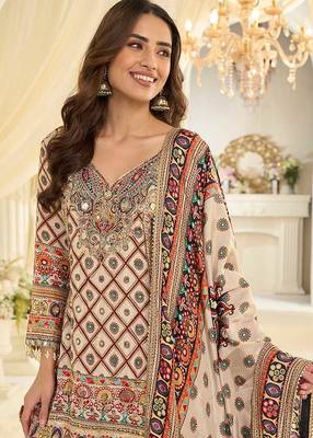 Off white crepe silk readymade suit with aari & digital print work 2
