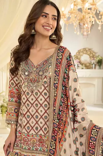 Off white crepe silk readymade suit with aari & digital print work