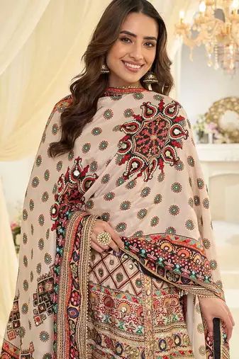 Off white crepe silk readymade suit with aari & digital print work