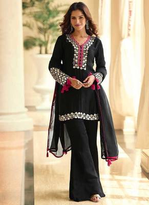 Embroidered black silk blend readymade salwar kameez 1