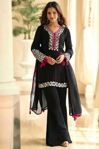 Embroidered black silk blend readymade salwar kameez