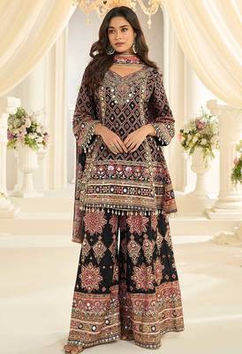 Black crepe silk readymade suit with aari & digital print work 1
