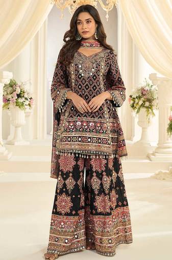 Black crepe silk readymade suit with aari & digital print work