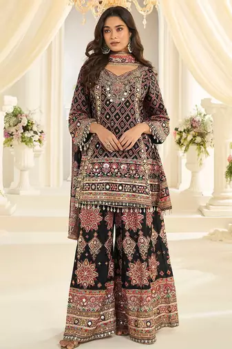 Black crepe silk readymade suit with aari & digital print work