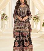 Black crepe silk readymade suit with aari & digital print work