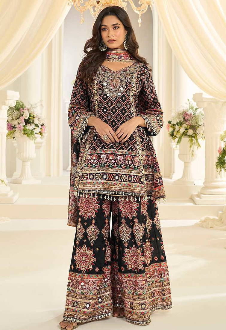 Black crepe silk readymade suit with aari & digital print work